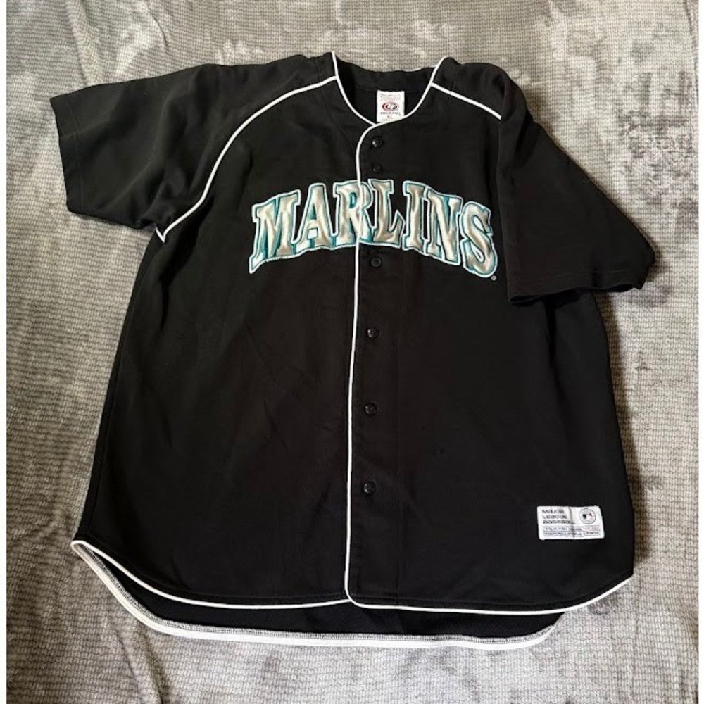 True Fan MLB Florida Marlins Baseball Jersey Black Teal XL RN77386